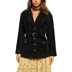 Y2K Vintage Boho Black Suede Belted Jacket Genuine Leather